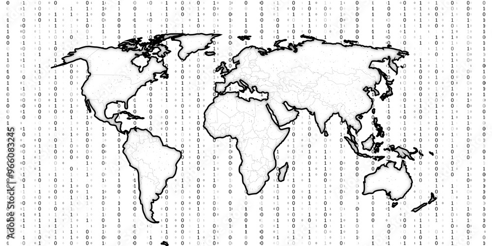Aufkleber World map outline over binary code background, black and white style, illustrating global data or cybersecurity concept. 3D Rendering