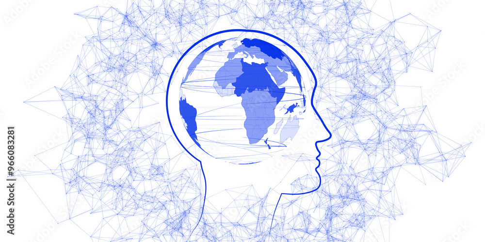 Aufkleber silhouette of a human head with a globe inside, surrounded by blue network connections on a white ba