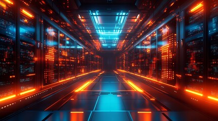 Fototapeta premium High-Tech Data Center with Glowing Servers - AI generated illustration
