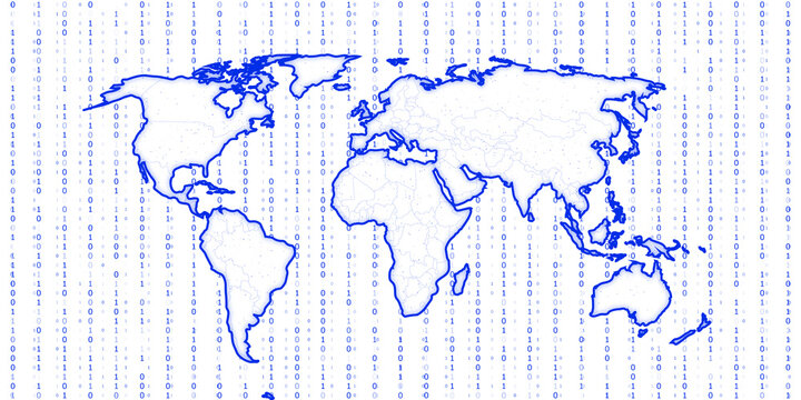 World map outlined in blue with binary code background, white backdrop, concept of digital globalization, 3D Rendering