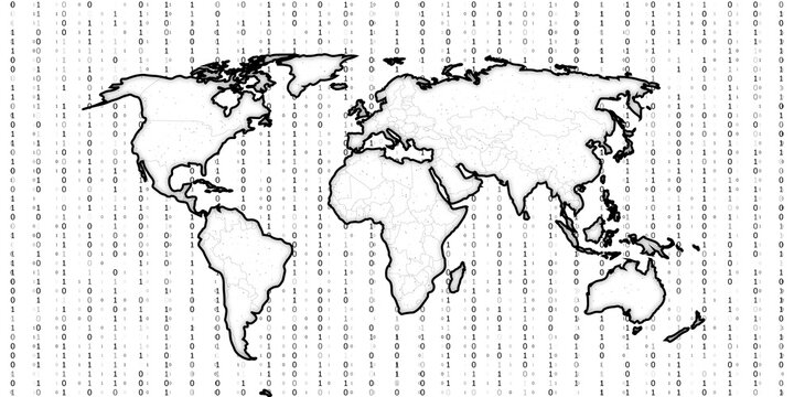 World map outline over binary code background, black and white style, illustrating global data or cybersecurity concept. 3D Rendering