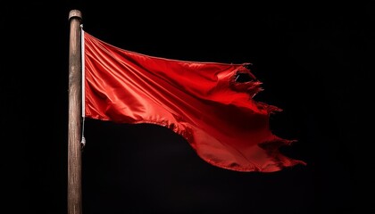 A red flag with a tattered edge, fluttering in the wind on a wooden pole. Isolated on a black background.
