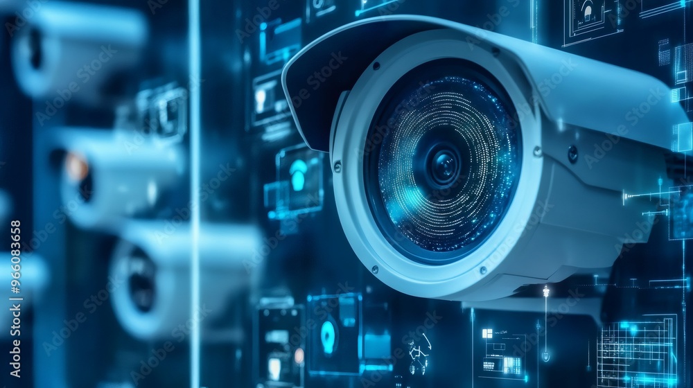 Poster close-up of security camera with digital interface.