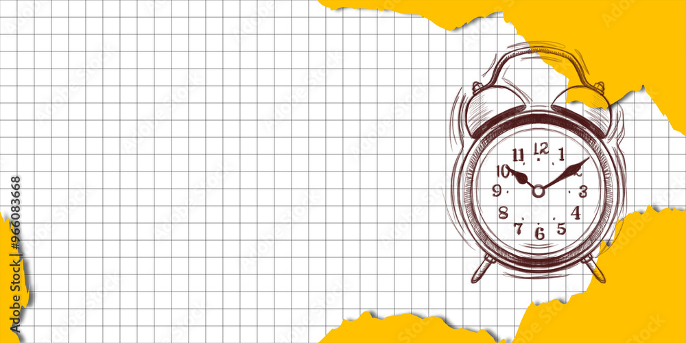 Poster Sketch of an alarm clock on graph paper background with torn yellow edges, creating a dynamic layout. Concept of time and urgency. 3D Rendering