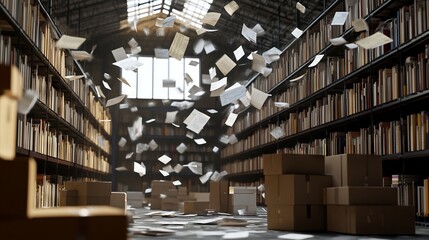 Clean Shelf of Books with Messy Warehouse Background - AI generated illustration