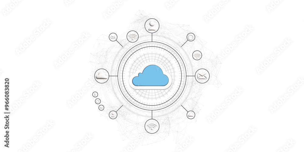 Poster Central blue cloud icon with surrounding network icons on a white background, representing cloud computing and connectivity. 3D Rendering