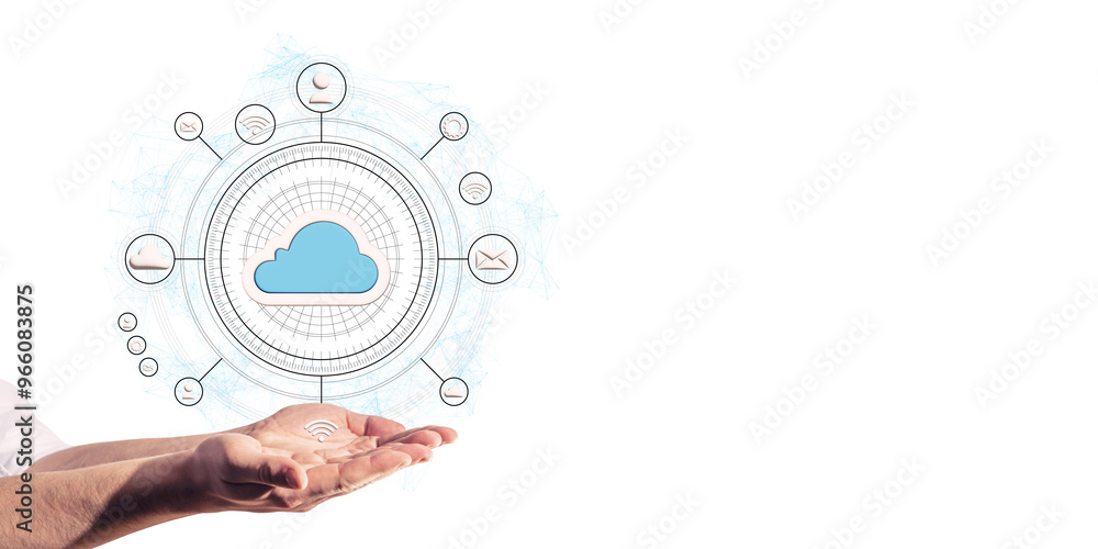 Aufkleber Hands presenting a cloud technology graphic with connected network icons. Modern design on a white background. Concept of internet services and cloud computing