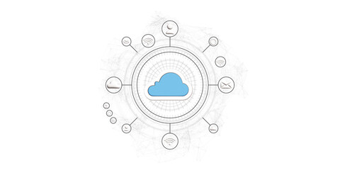 Central blue cloud icon with surrounding network icons on a white background, representing cloud computing and connectivity. 3D Rendering