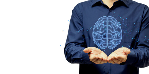 Person in a blue shirt holding a holographic brain surrounded by a digital network on a white background. Concept of artificial intelligence and technology