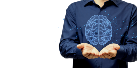 Person in a blue shirt holding a holographic brain surrounded by a digital network on a white background. Concept of artificial intelligence and technology