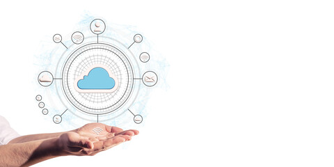 Hands presenting a cloud technology graphic with connected network icons. Modern design on a white background. Concept of internet services and cloud computing
