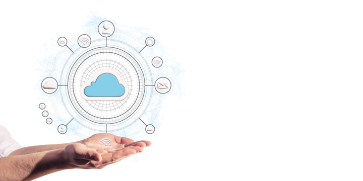 Hands presenting a cloud technology graphic with connected network icons. Modern design on a white background. Concept of internet services and cloud computing