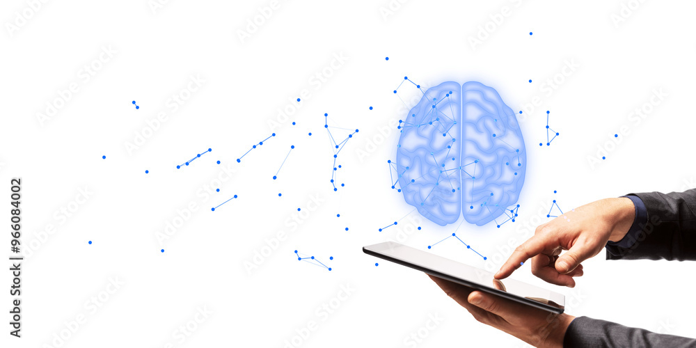 Aufkleber A person touches a tablet with a digital brain and network connections emanating from it on a white background, representing technology and AI concepts