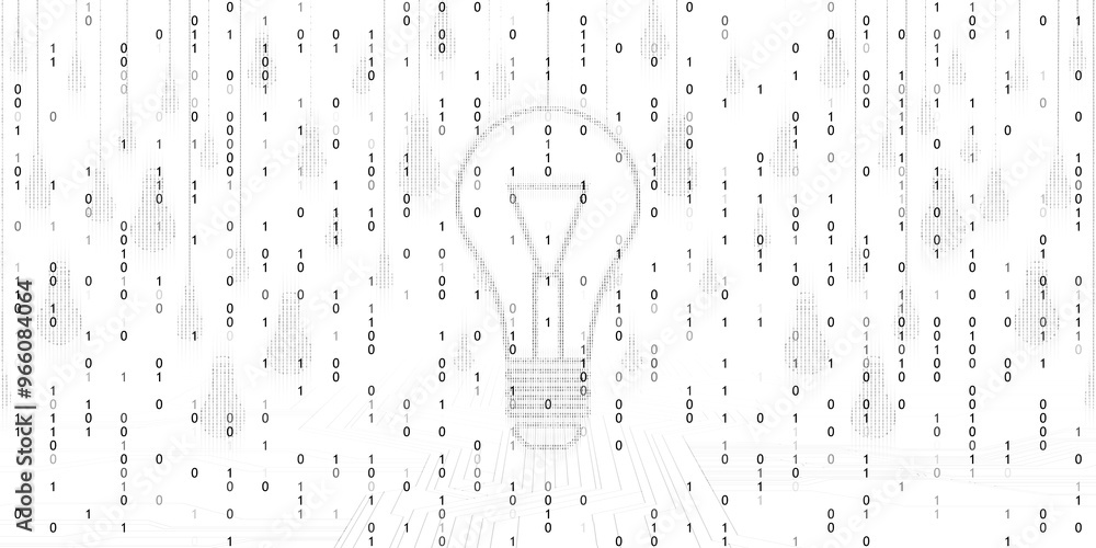 Aufkleber Binary code forming light bulbs on white background, representing technology and innovation concept. 3D Rendering