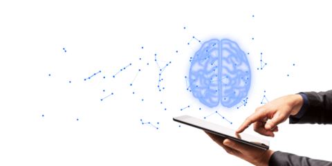 A person touches a tablet with a digital brain and network connections emanating from it on a white background, representing technology and AI concepts