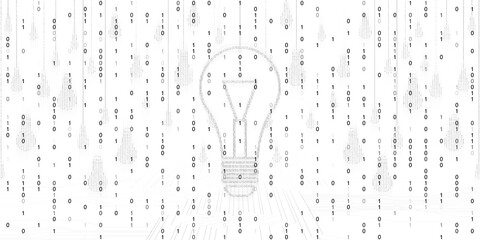 Binary code forming light bulbs on white background, representing technology and innovation concept. 3D Rendering