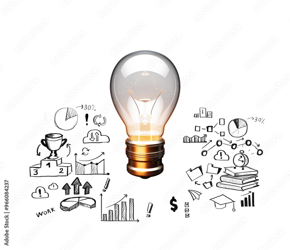Poster light bulb with business and education doodles, isolated on a white background. concept of creativit