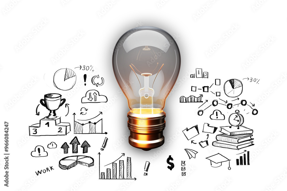 Poster lightbulb surrounded by hand-drawn business and education icons on white background. concept of inno