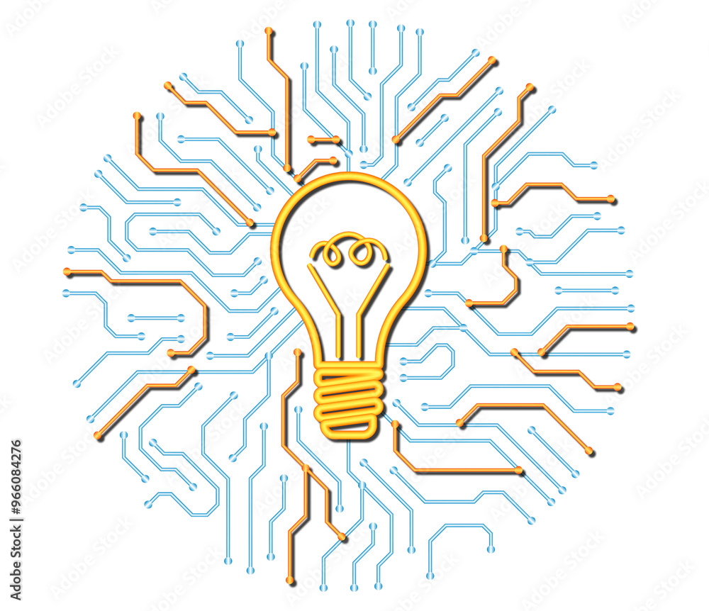 Aufkleber image of a light bulb with surrounding circuit connections in blue and yellow. isolated on white bac