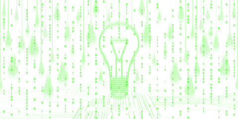 Green binary code forming a lightbulb on a white background, symbolizing technology and innovation in a digital concept. 3D Rendering