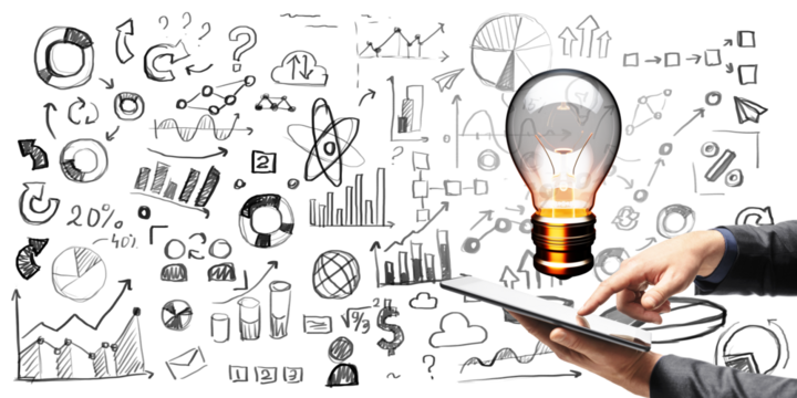 Businessman's hand using tablet with lightbulb and various business doodles, charts, and diagrams on white background. Concept of innovation and idea generation