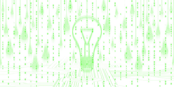 Green binary code forming a lightbulb on a white background, symbolizing technology and innovation in a digital concept. 3D Rendering