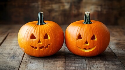 Obraz premium Two carved pumpkins on wooden table for Halloween and autumn holiday