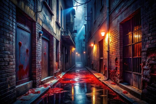 Ominous dark alleyway at night with blood-stained walls, shattered glass, and eerie shadows, evoking a sense of foreboding and intense, primal fear.
