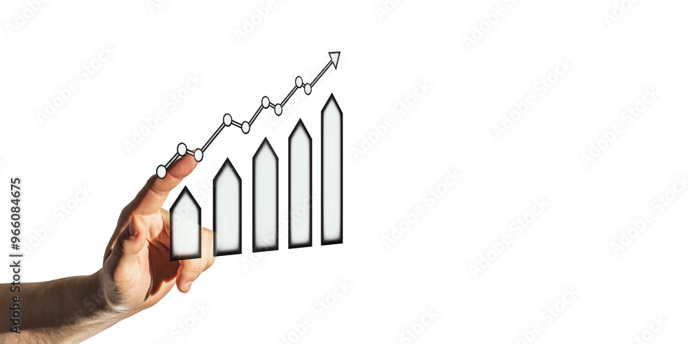 Poster Hand pointing at an ascending bar chart and line graph. Clean design on a white background. Concept of growth and business success