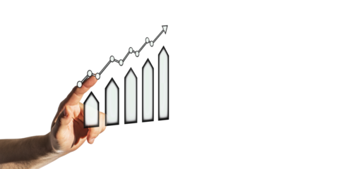 Hand pointing at an ascending bar chart and line graph. Clean design on a white background. Concept of growth and business success