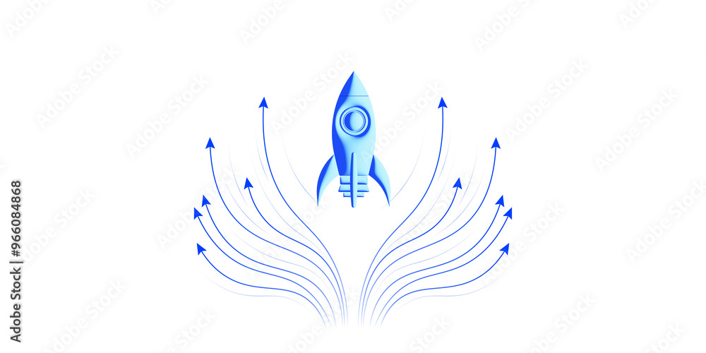 Poster A blue rocket with multiple upward arrows surrounding it, symbolizing progress and growth on a clean white background. 3D Rendering