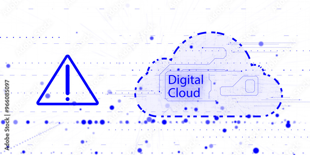 Poster digital cloud illustration with an exclamation mark warning on a white background, symbolizing cloud