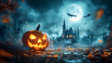 Fototapeta premium Spooktacular Halloween Night with Glowing Carved Pumpkin under Moonlight Backdrop