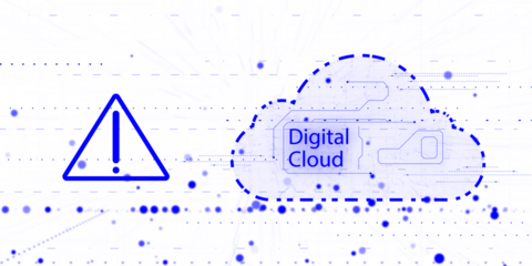 Digital cloud illustration with an exclamation mark warning on a white background, symbolizing cloud computing security and data protection. 3D Rendering