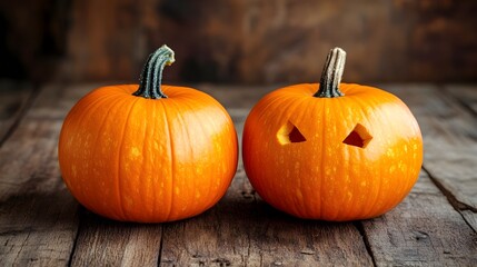 Two Carved Pumpkins on Rustic Wooden Table for Autumn and Halloween