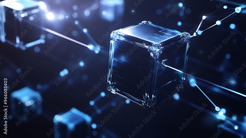 Poster abstract blue glowing cubes connected by lines in a network.
