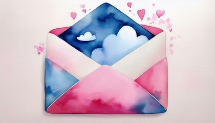 Watercolor envelope with pink and blue clouds.