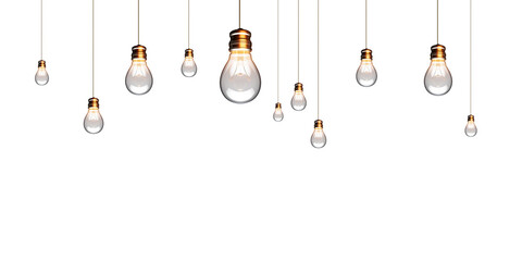 Multiple hanging light bulbs isolated on a white background, concept of ideas, innovation, and inspiration. 3D Rendering