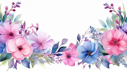 Watercolor floral border with pink and blue flowers.
