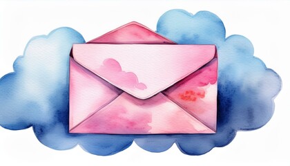 Watercolor envelope with pink and blue clouds.