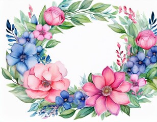 Watercolor floral wreath with pink and blue flowers and green leaves.