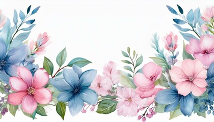 Watercolor floral border with pink and blue flowers.