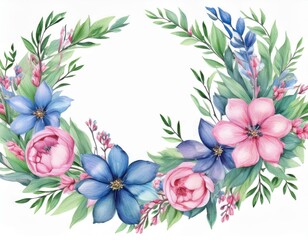 Watercolor floral wreath with pink and blue flowers and green leaves.