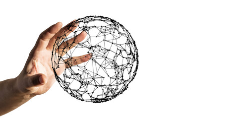 Hand holding a wireframe globe, closeup against a white background. Concept of technology, networks, and connectivity