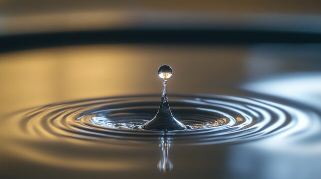 A single drop of water creating ripples in a perfectly calm surface, captured at the moment it touches the water.