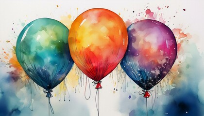 Watercolor illustration of three colorful balloons.