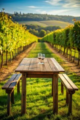 Naklejka premium A Charming Empty Wooden Table with a Beautiful Vineyard Background Perfect for Wine Advertisements and Events Promotion