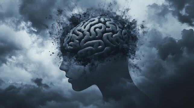 Dark storm clouds with a cracked broken brain icon superimposed, visually representing the concept of depression and emotional turmoil.