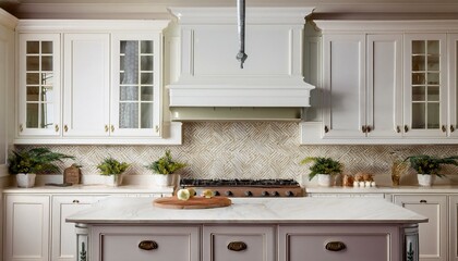 White kitchen island with ornate detailing and a matching range hood.