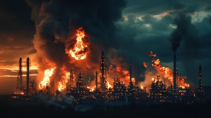 Obraz premium Oil Plant on Fire with Smoke and Flames Against Dark Cloudy Dusk Sky. AI generated illustration